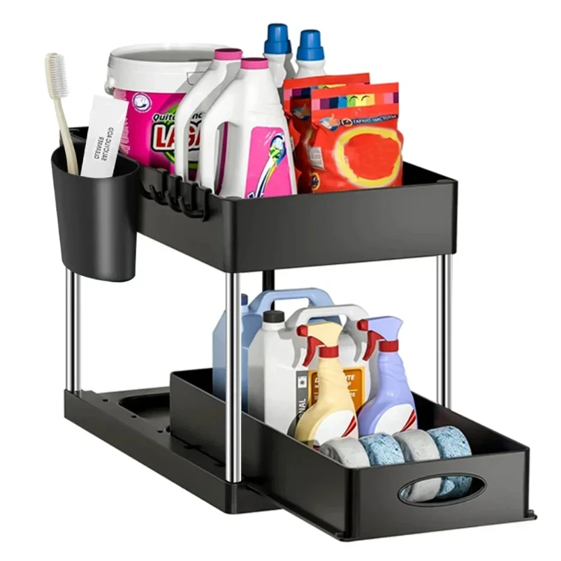 2 Tier Under Sink Organizer Sliding Cabinet Basket Organizer Storage Rack with Hooks Hanging Cup Bathroom Kitchen Organizer 5