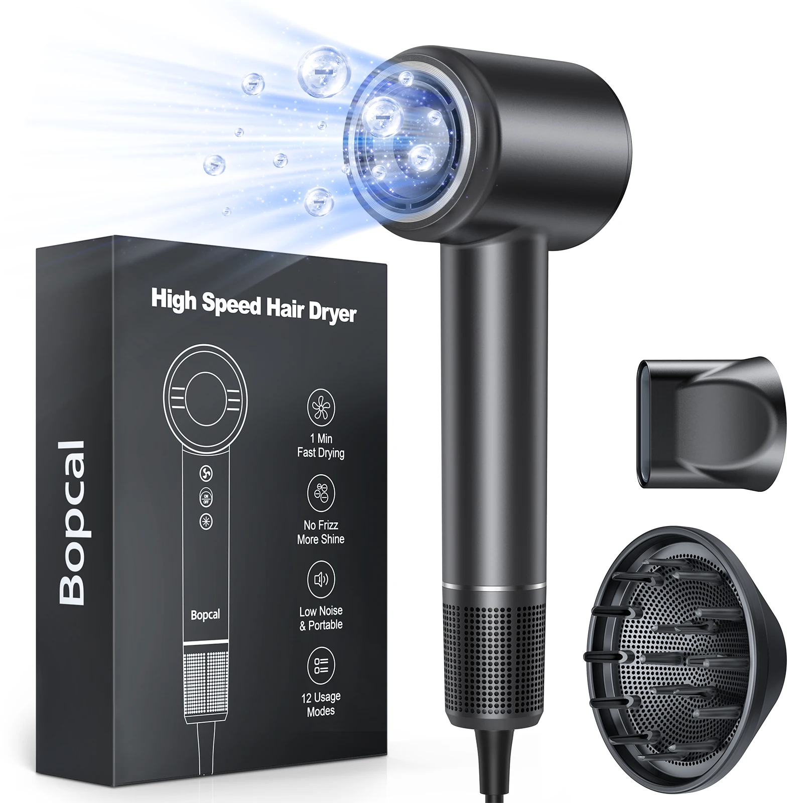 ไดร์เป่าผมเครื่องเป่าผมความเร็วสูงพร้อมตัวกระจายลม120000รอบต่อนาทีความเร็วลม40เมตร/วินาที3X เร็วกว่าแห้งไอออนลบสำหรับบ้านเดินทางโรงแรม 1
