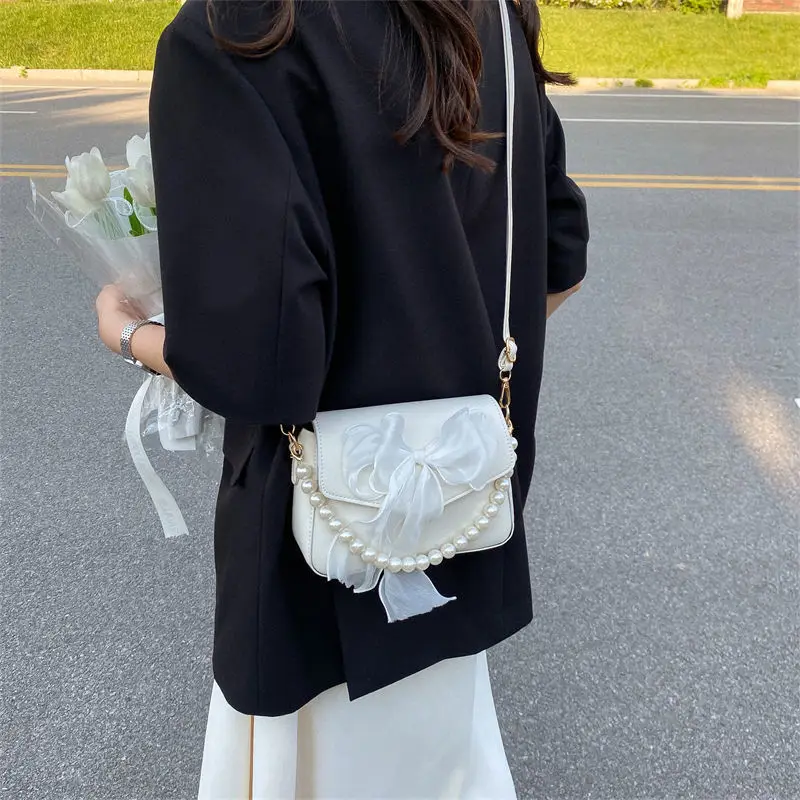 Pearl Lace Bow Collocation PU Leather Small Bags for Women Daily Use Handbag Shoulder Cross Body Bags, Teen Girls Phone Pouch