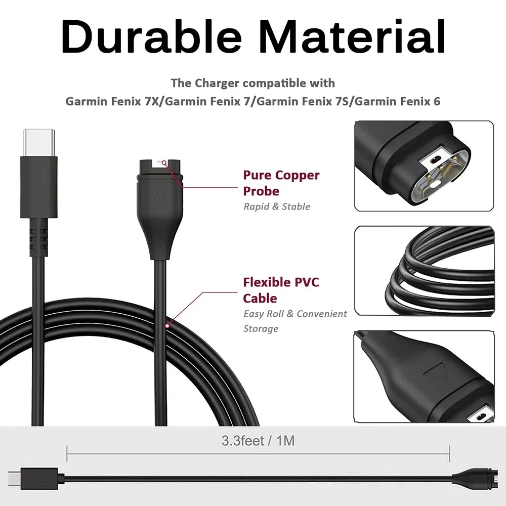 1M/3.3FT USB Charging Cable for Garmin Fenix 8 7 7S 7X 6 6S 6X 5 5X 5S Plus Vivoactive 3 Forerunner 965 955 265 255 Charger Dock watch charging adapter