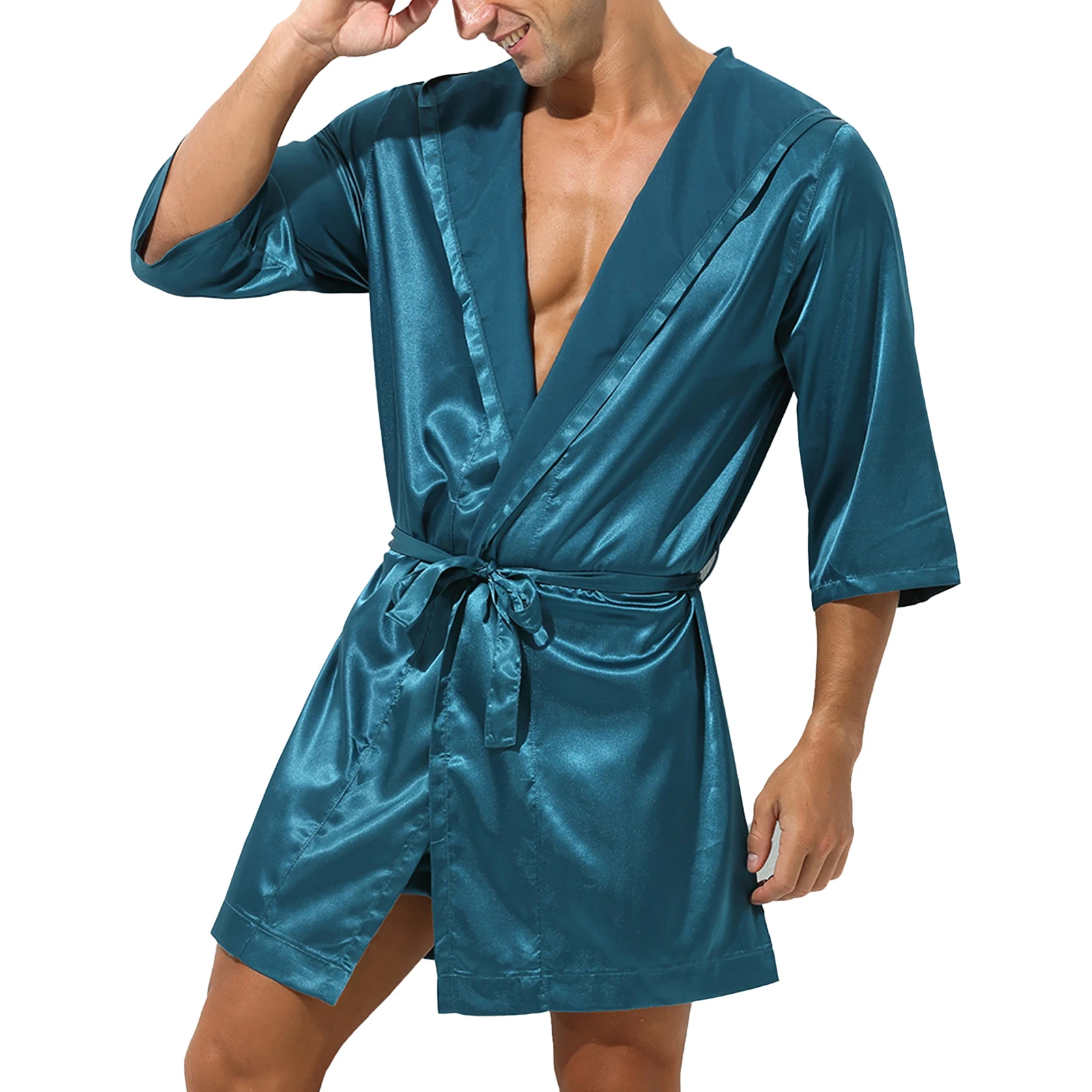 

Sexy Mens Solid Color Sleepwear Set Half Sleeve Hooded Open Front Belted Bathrobe with Shorts for Sleeping Nightwear Loungewear