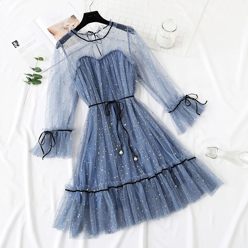 

Vintage Lace Women Dresses 2022 Ruffles Flare Sleeved Sexy Loose Beaded Solid Lady Elegant Star Party Meash Dresses Top Quality