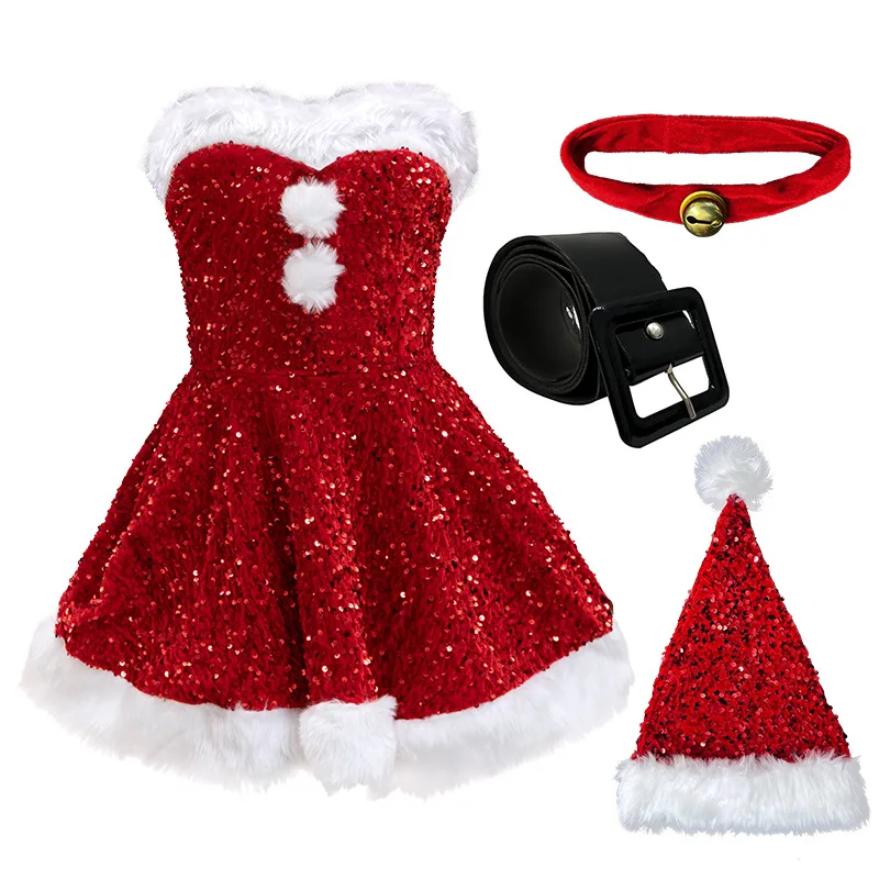 Christmas Costume Sexy Santa Dress Women Sparkling Strapless Mini Dress Red Sequin Mrs. Claus Outfit Festive Holiday Party Suit