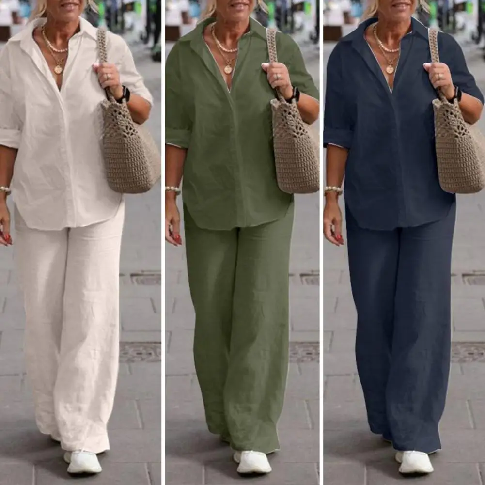 1 Set Trendy Plus Size Ladies Casual Set Cotton Linen Top Wide Leg Pants Loose Outfits 1