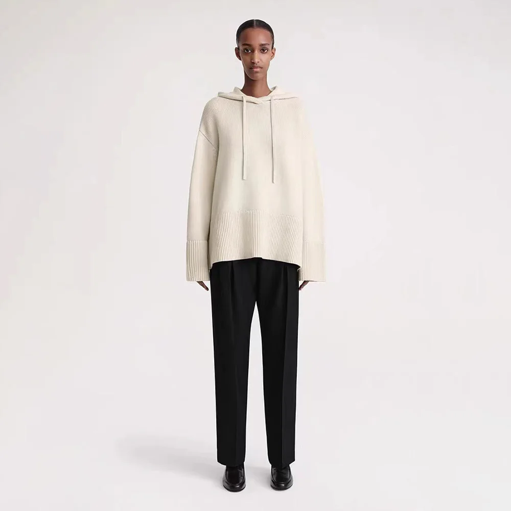 

Totem@23 New Light Sand Merino Wool Blend Ribbed classic hooded knit