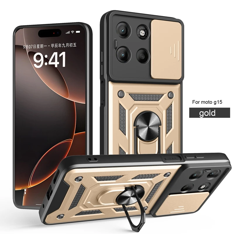Durable Shockproof Case with Magnetic Ring Stand and Slide Lens Cover