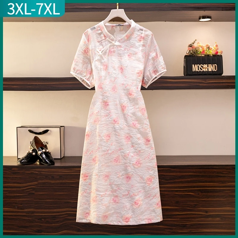 

New 2023 Summer Plus Size Cheongsam Dress For Women Large Size Loose Short Sleeve Floral Print Midi Dress 3XL 4XL 5XL 6XL 7XL