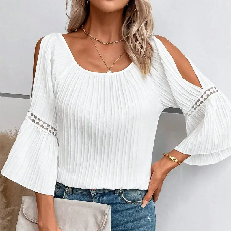 

Women's Plus Size Tops Women's Off Shoulder Solid Color T-shirt Women's Lace Patchwork Fluffy Sleeve Clothing