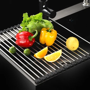 1pc Foldable Stainless Steel Sink Drainer Heat Resistant Kitchen Countertop Storage Organizer Vegetable Dishe Water Filter Shelf 1