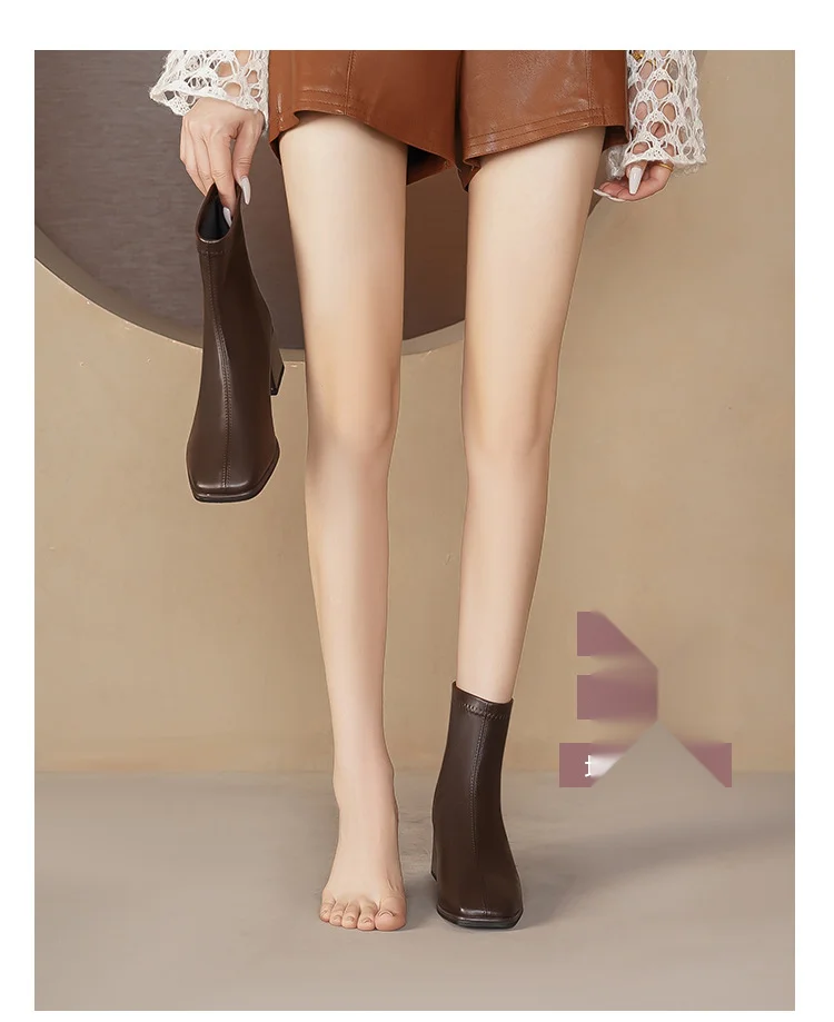 Courtes en cuir véritable pour femmes, nouvelle botte française haute et fine, tête carrée épaisse, printemps et automne 2024_voghion.com