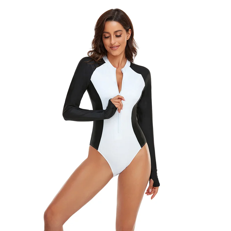 

2022 One Piece Swimsuit Women Surfing Swimwear Long Sleeve Rashguard UV Protection Zip Front Wetsuit Swimming Costume Beachwear