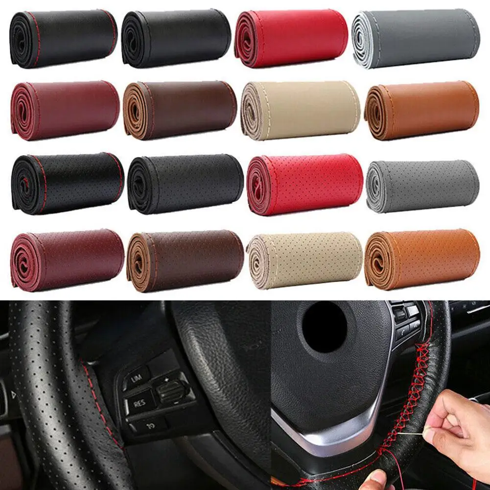 

Auto Parts Interior Supplies Hand Sewn Leather Steering Wheel Cover Anti-Slip Breathable Universal Handlebar Leather Cover