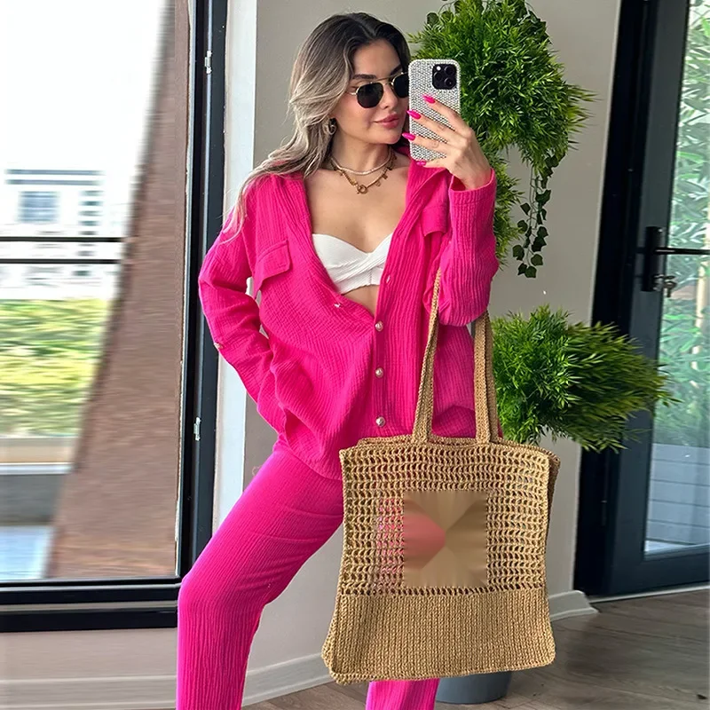 Women's Pant Suit Solid Color Long Sleeve Single Breasted Shirt Pocket Drawstring Pencil Pant Ankle Length High Waist Casual
