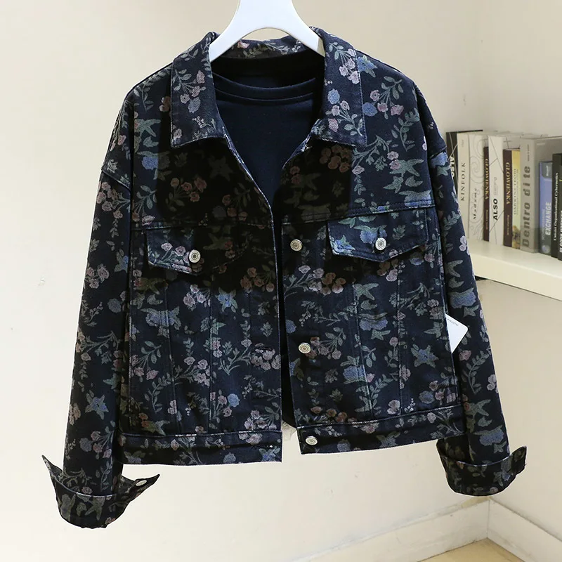 

Vintage Dark Blue Print Denim Jacket Women Long Sleeve Cowboy Outerwear Spring Autumn Loose Short Big Pocket Jeans Jacket Female