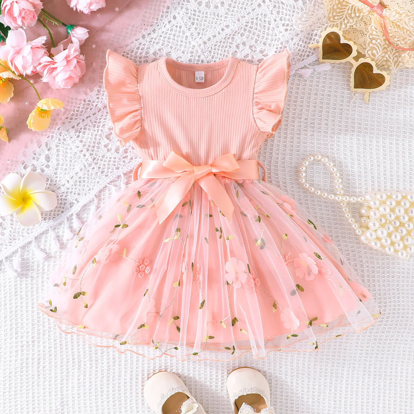 

1 2 3 Years Toddler Baby Girl Dress Floral Tulle Ruffle Sleeve Sundress Ribbed Tutu Skirt Summer Outfits Newborn Girl Dresses