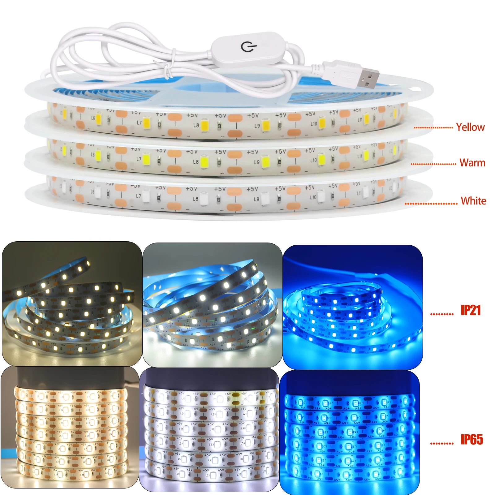 รูปสินค้า LED Strip Light 60LEDs 1/3/5M สีขาวอุ่น-ฟ้า ปรับสว่างได้ กันน้ำ