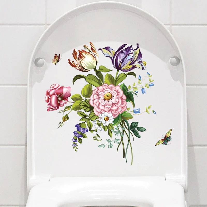 Watercolor Floral Rose Peony Green Leaves Wall Sticker Bathroom Toilet Sticker Self Adhesive Mural Flower Home Decoration Decals