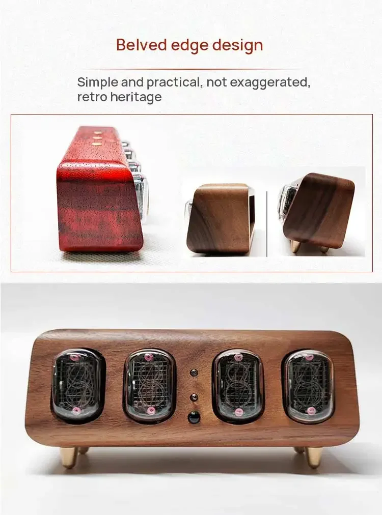 Nixie tube clock in various lighting conditions demonstrating automatic brightness adjustment