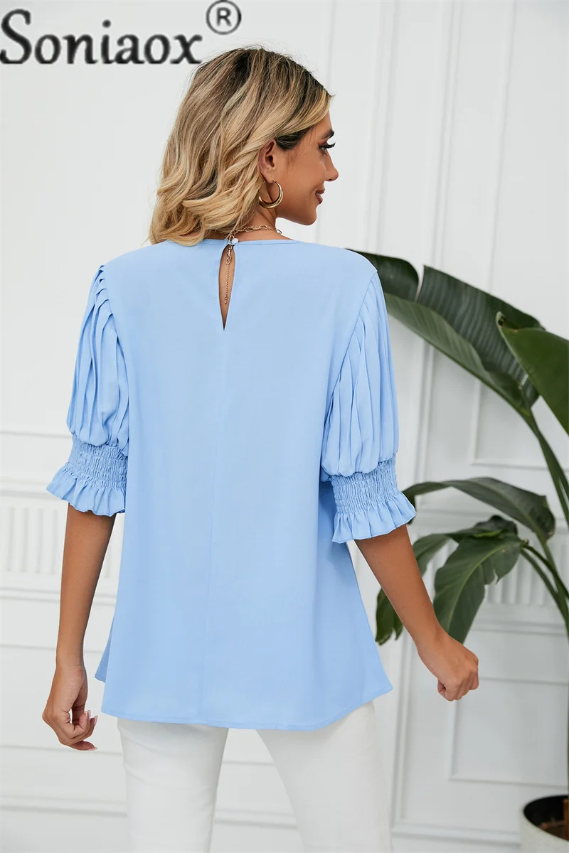Elegant Ruffle Edge Princess Short Sleeve Shirt Female Summer Casual Solid Color O Neck Loose Tops Women's Urban Commuter Blouse