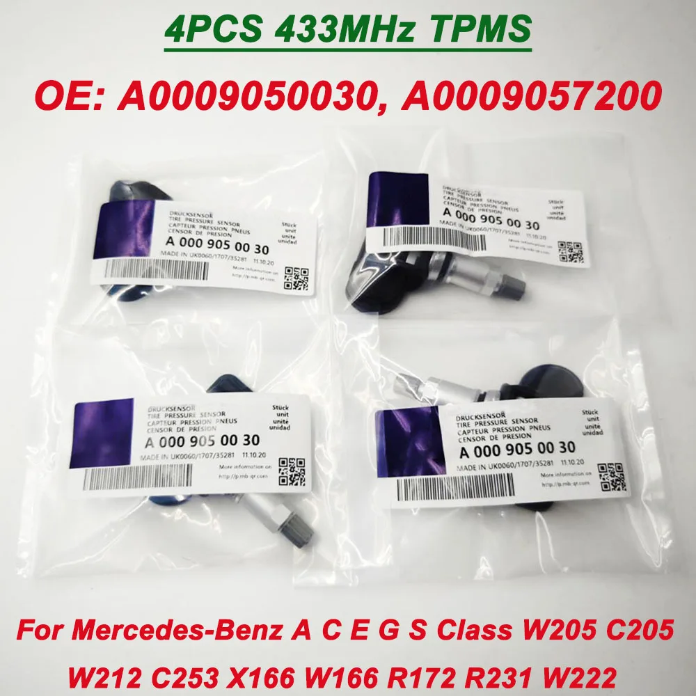 4 шт., датчик давления в шинах A0009050030, A0009057200, 433 МГц, TPMS для Mercedess A C E G S Class Smart AMG Sprinter 9057200 9050030