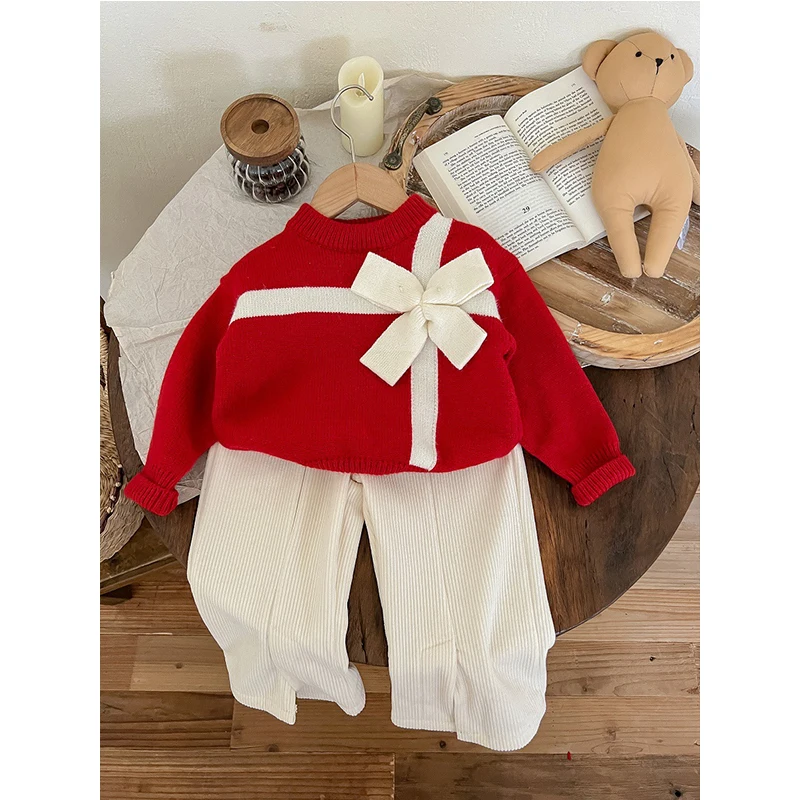 

Autumn Korean New Two Piece Christmas Pullover Sweater Pant Infant Top And Bottom Set Loungewear Clothes Girls From 2 To 8 Years