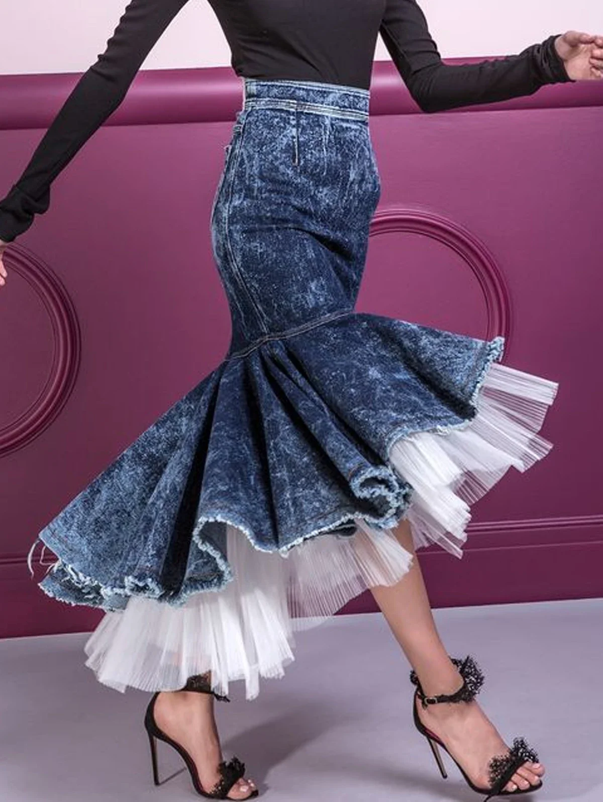 

Women's Denim Skirt Retro High Waisted Mesh Patchwork With Ruffled Hem Tight Fitting Mermaid Skirt Irregular Hem Pleated Skirts