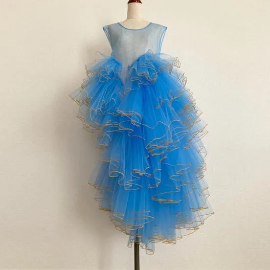 

Blue See Thru Mesh Summer Women Dresses Lush Ruffles Puffy Tulle Prom Party Gowns Short Female A Line High Street Prom Dress