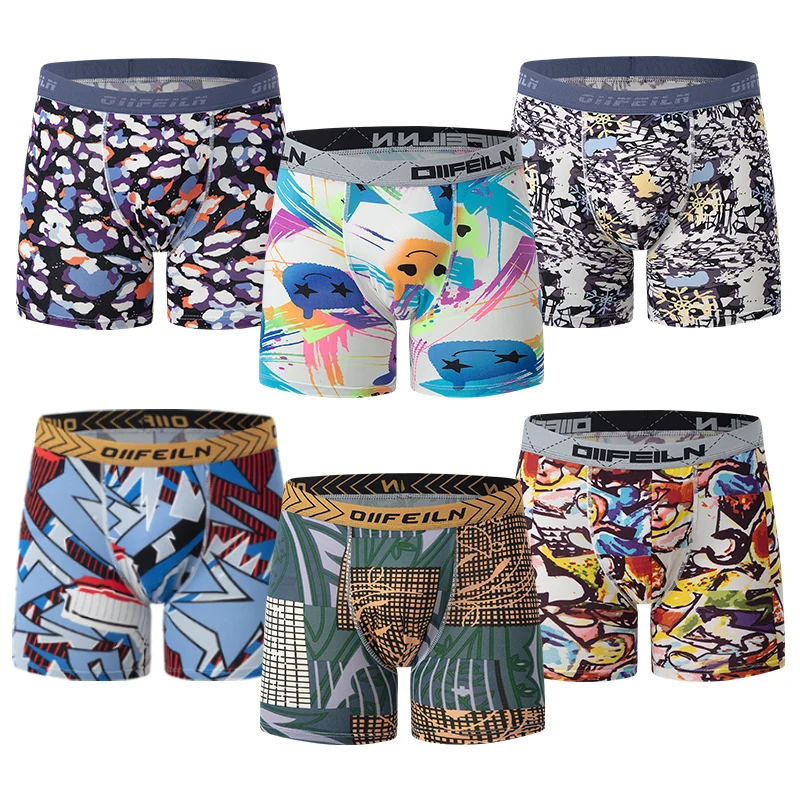 6 Pcs Parent-child Fashion Printed Underwear Men's Multi-size Long Boyshort Teenagers Comfortable And Versatile Elastic Waist S 2