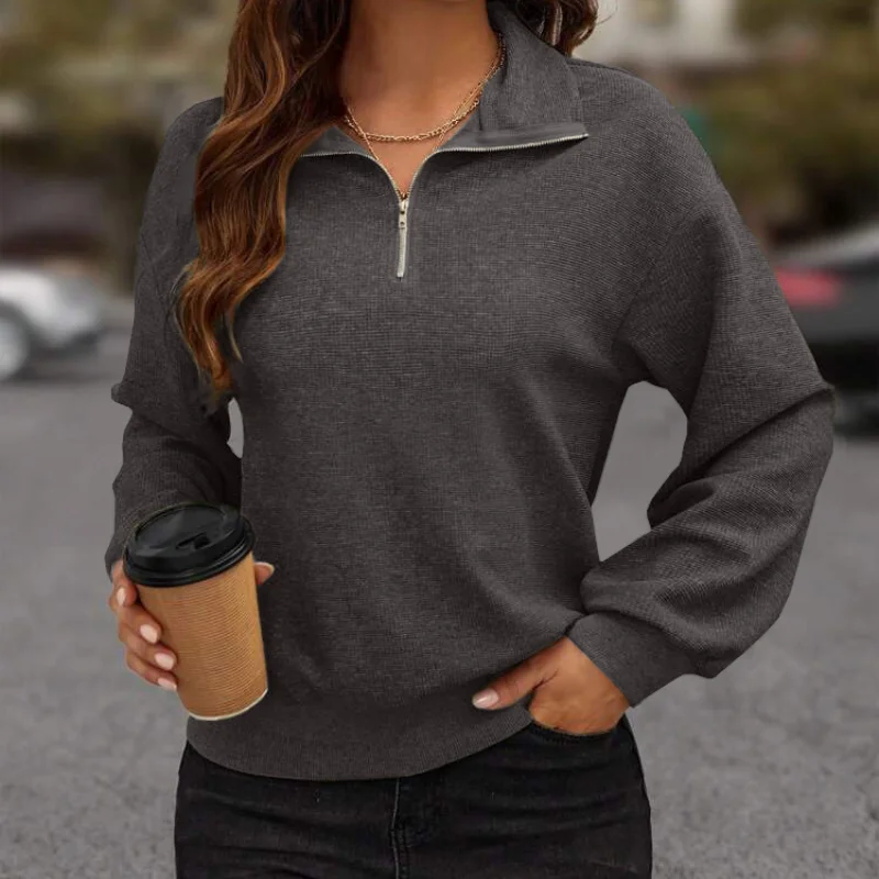 Womens Autumn and Winter Fashion New Pullover Zipper T Shirt Solid Color Splicing Loose Comfortable Versatile Long Sleeves Tops