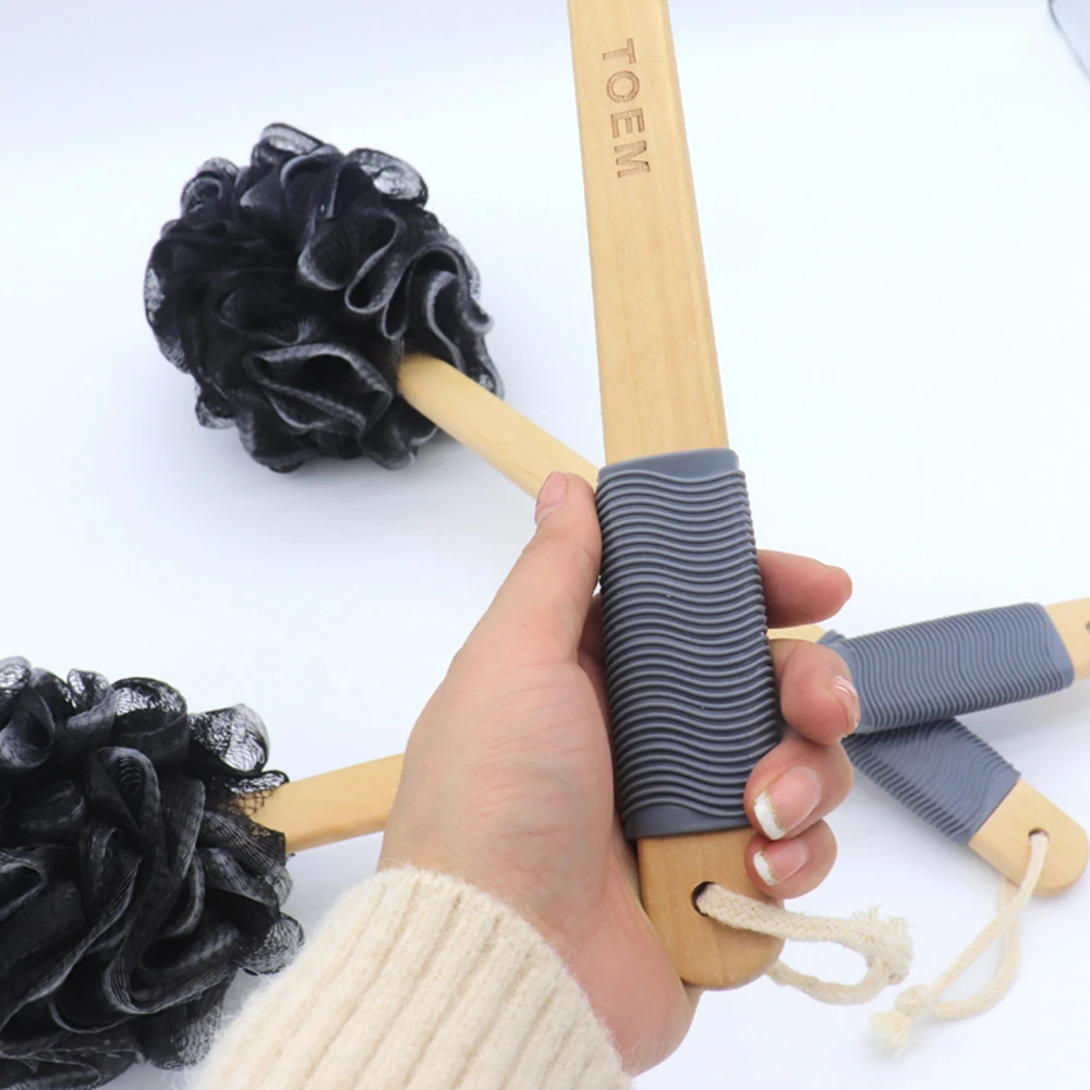Black Bamboo Bath Loofah Sponge Body Scrubber Long Handle Wooden Bath Brush Mesh Foaming Ball Skin Clean Tool Bathroom Accessory 6