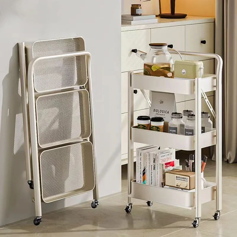 

3-layer Foldable Storage Trolley, Mobile Storage Rack with Handle, Metal Rolling Storage Cart, Home Utility Organizer