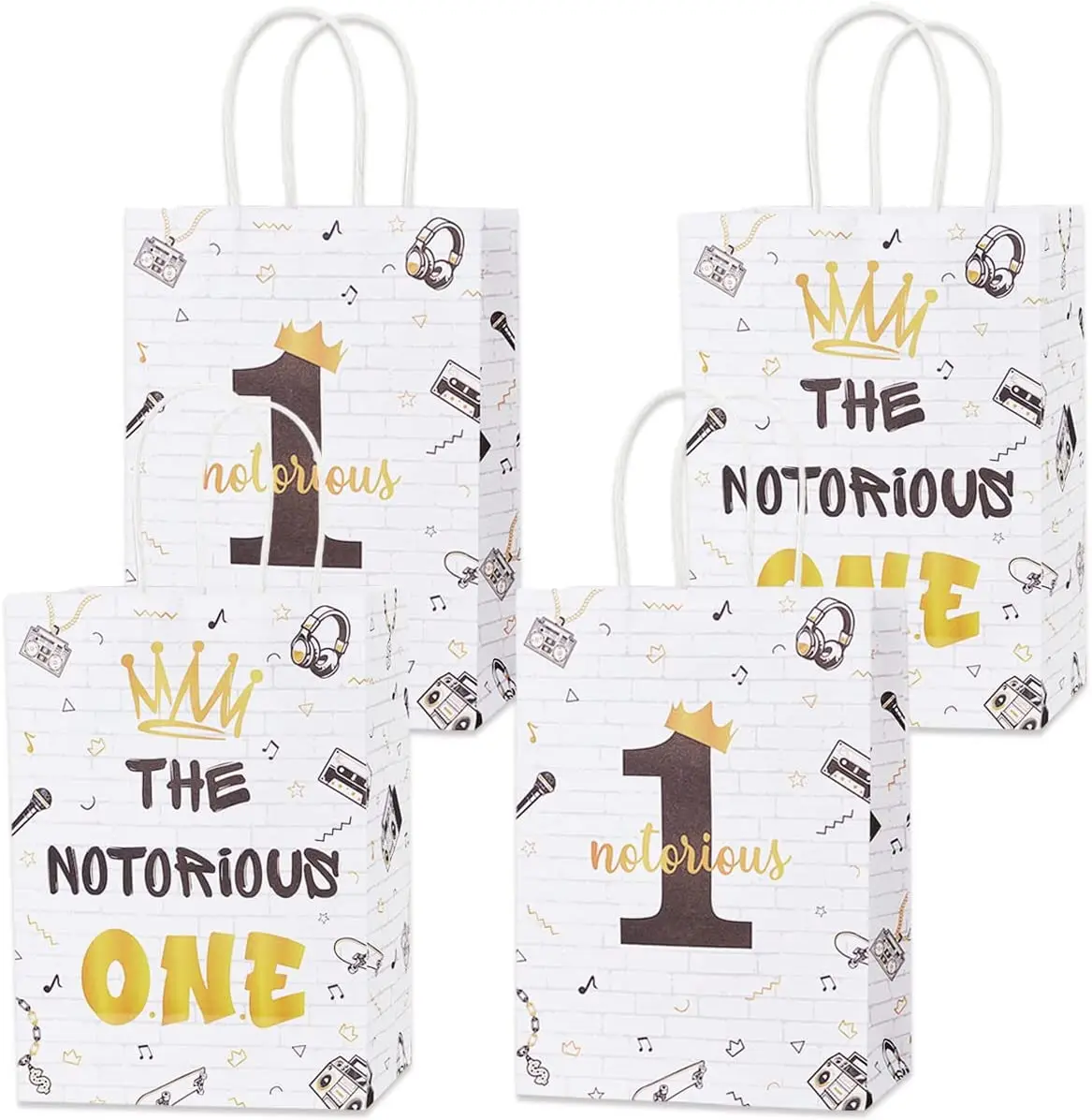 

The Notorious One Birthday Party Decor, Black, Gold, Treat Bags with Handles, Hip Hop, The Big One 1st Birthday Supplies, 16Pcs