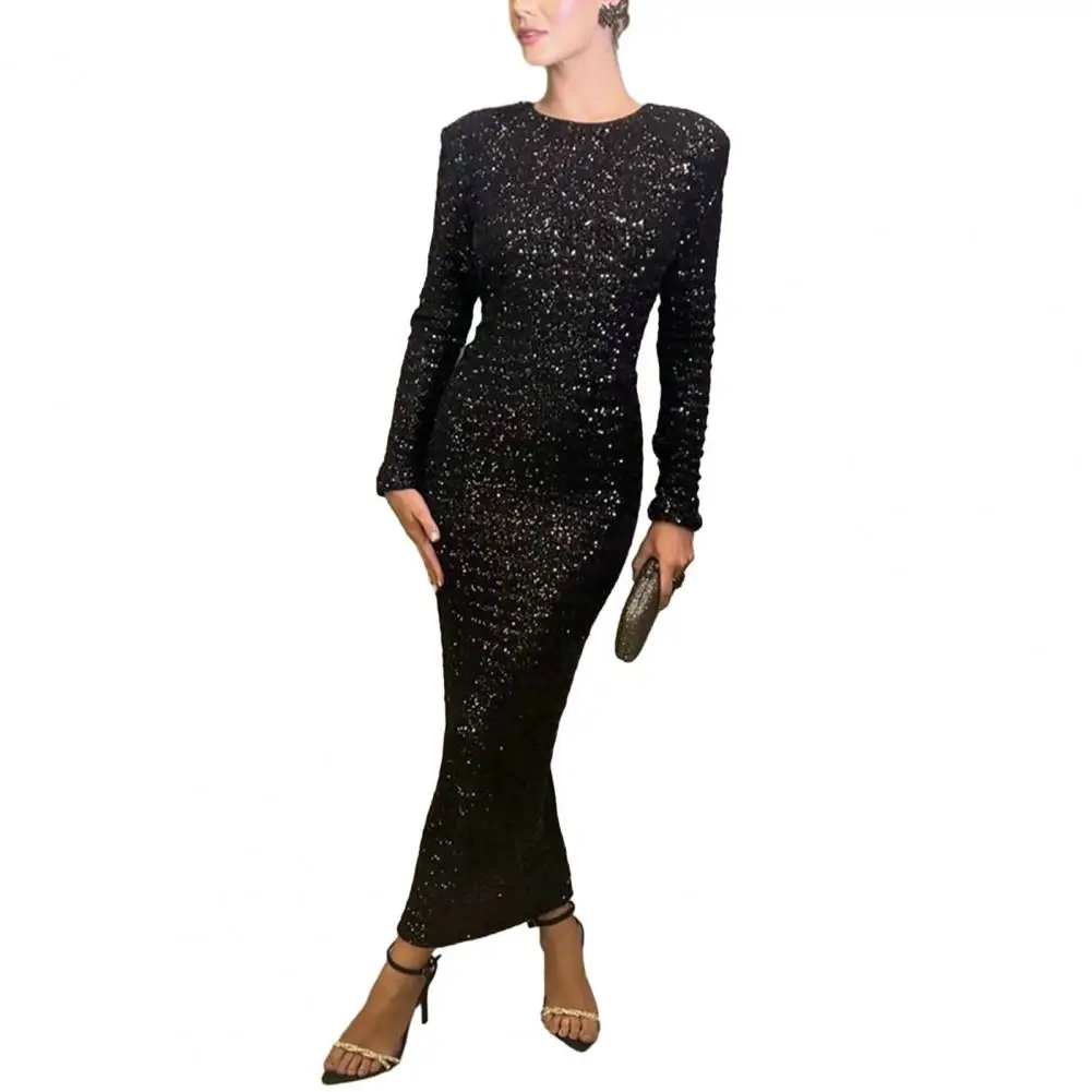 

Sexy Backless Lace-up Dress Shiny Sequins Bow Shoulder Pads Long Dress Back Split Slim Loose Long Sleeve Holiday Beach Party