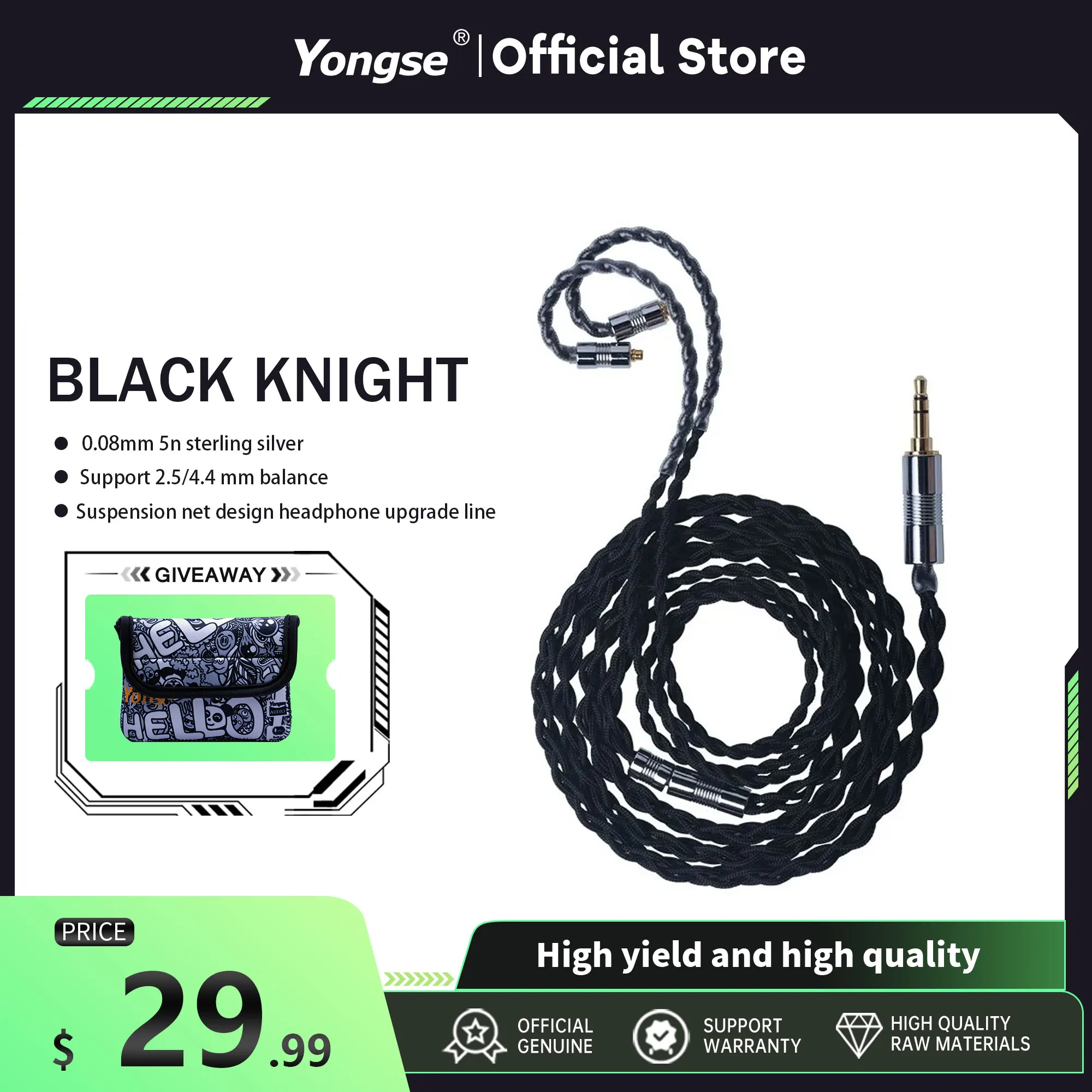 

YONGSE Black Knight Earphone Upgrade Cable 4 Core Sterling Silver 3.5/4.4 Plug Balance Audio Cable HiFi Cable For Timeless S12