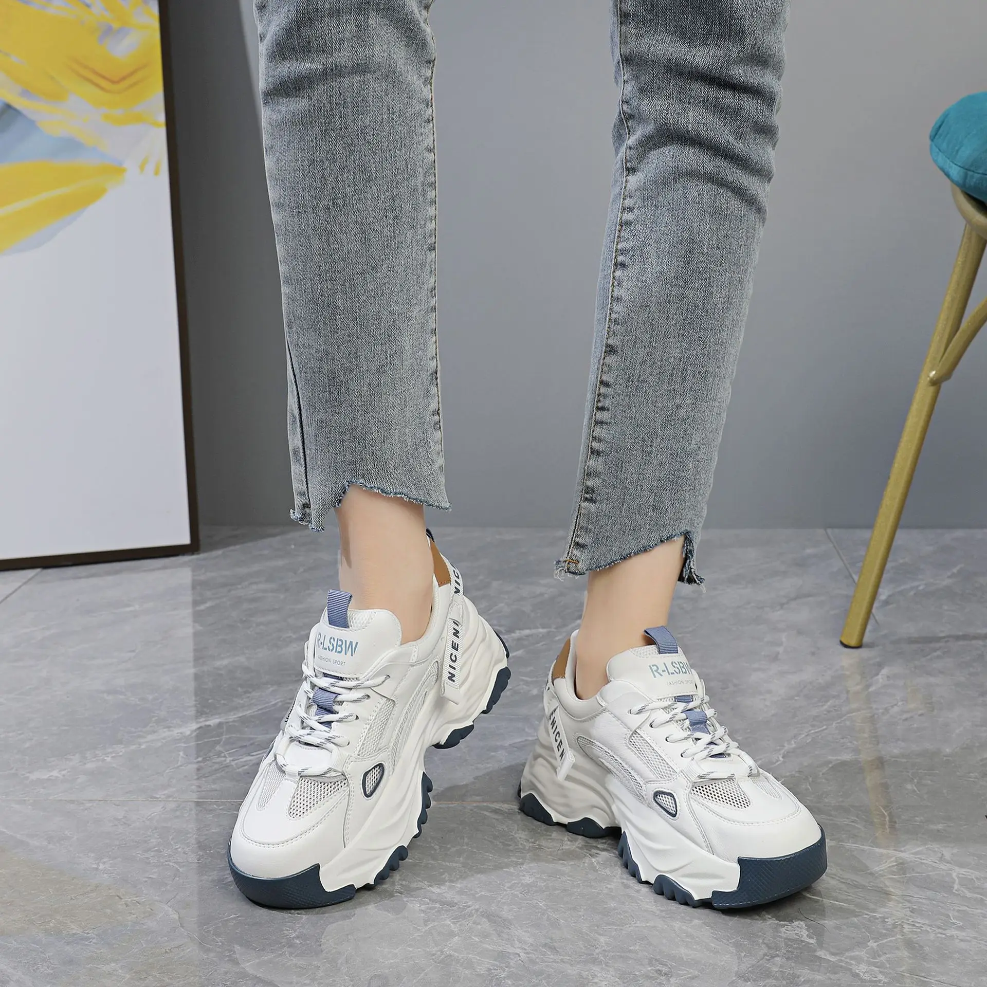 Daddy shoes female 2023 spring and summer cowhide net thick sole small white shoes leisure sports shoes shopping mall with the s