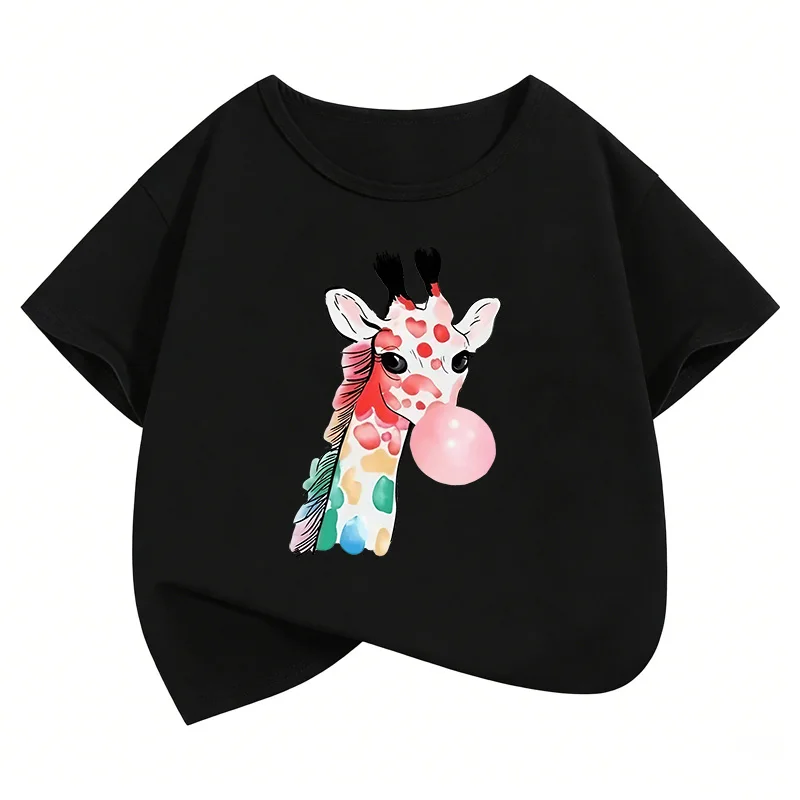 Y2k Giraffe with Gum Printed Short Sleeve T Shirts Animal Kids Children's T-shirt Boys Girls Summer Spring Casual Top Tee Shirt 3