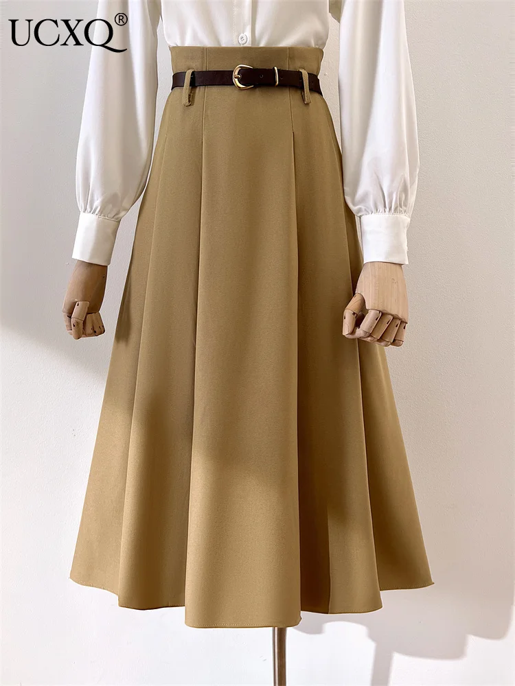 

UCXQ Elegant Pleated Woolen Half Length Skir Large Hem New Fashion Belt Khaki A-line Skirts For Women 2024 Spring Autumn 23A7050