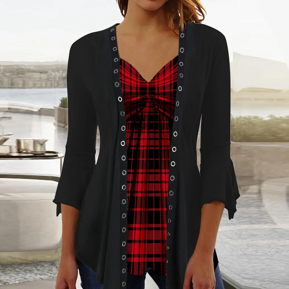 

Plus Size Women 3/4 Sleeve V-neck Plaid Printed Top