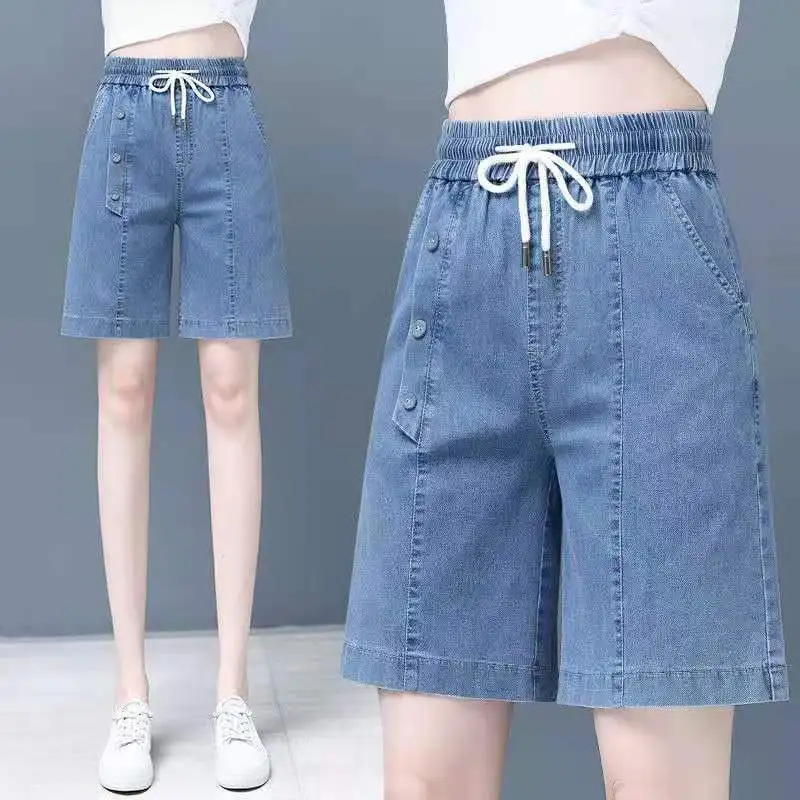 Summer Women Vintage Cargo Denim Shorts Streetwear Fashion All-match Jeans New Solid Elastic Wait Baggy Casual Wide Leg Pants