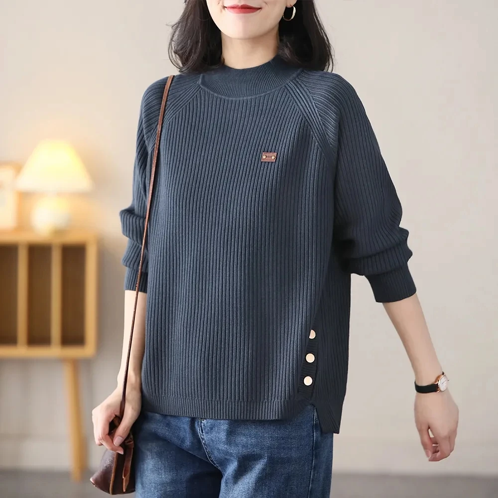 

Yasuk Autumn Winter Fashion Solid Buttoned Irregular Hem Casual Pullover Women's Soft Slim Knitted Top Gentle Warm Sweater Cool