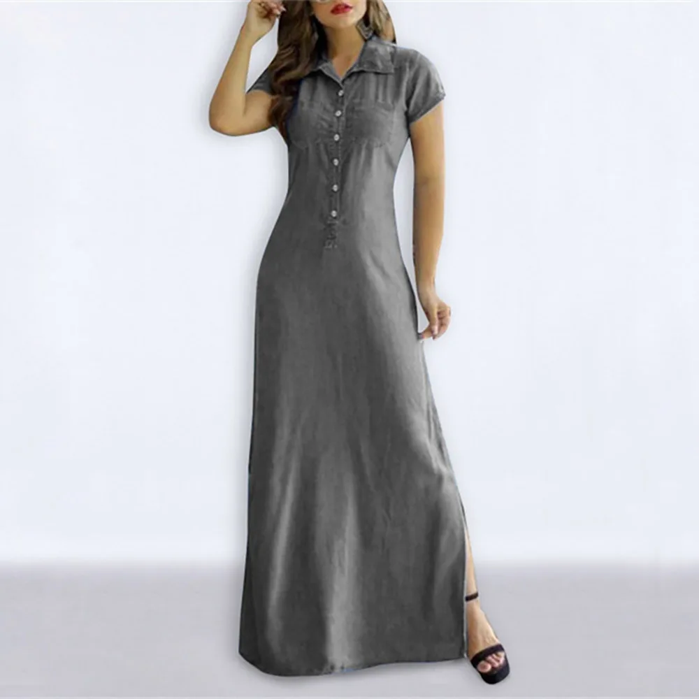 

Stand Collar Solid Color Denim Shirt Dress Ladies Summer Single Breasted Side Slit Mom Long Dress Ladies Casual Wear Commuting