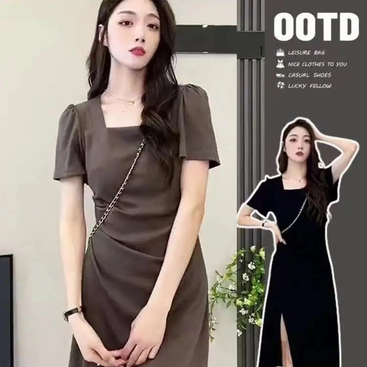

Summer New Niche Design Senior Sense Square Collar Dress Tea Break French Slit Pleated Slimming Pear Shaped Sweet Fresh Dress
