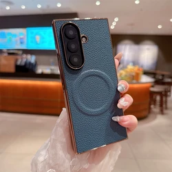 Lichee Pattern Leather Magnetic Shockproof Phone Case with Magsafe Compatibility - Galaxy Z Fold4 (Blue)