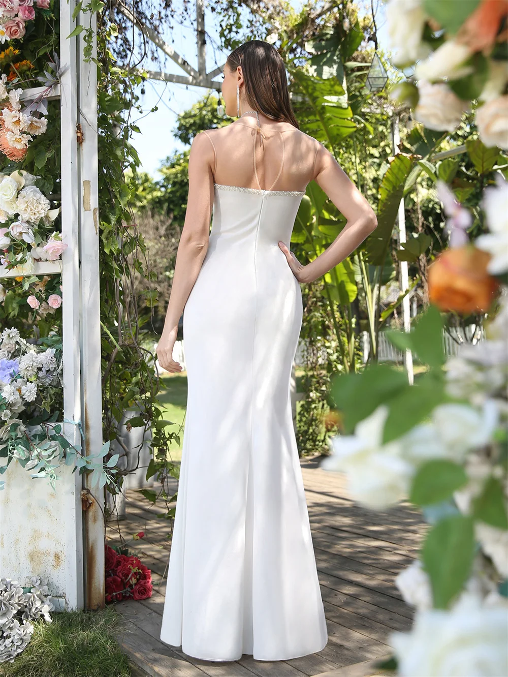 MisShow Solid Ivory Mermaid Summer Long Dresses for Women Sexy Illusion Pearls Beads Sweetheart Neckline Maxi Evening Prom Dress