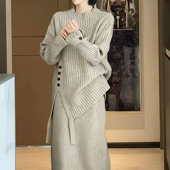 

Knitted Sweater Two Piece Set Women's Autumn and Winter Thickened Comfortable Pullover Loose Sweater Tops and Knitted Dress Set