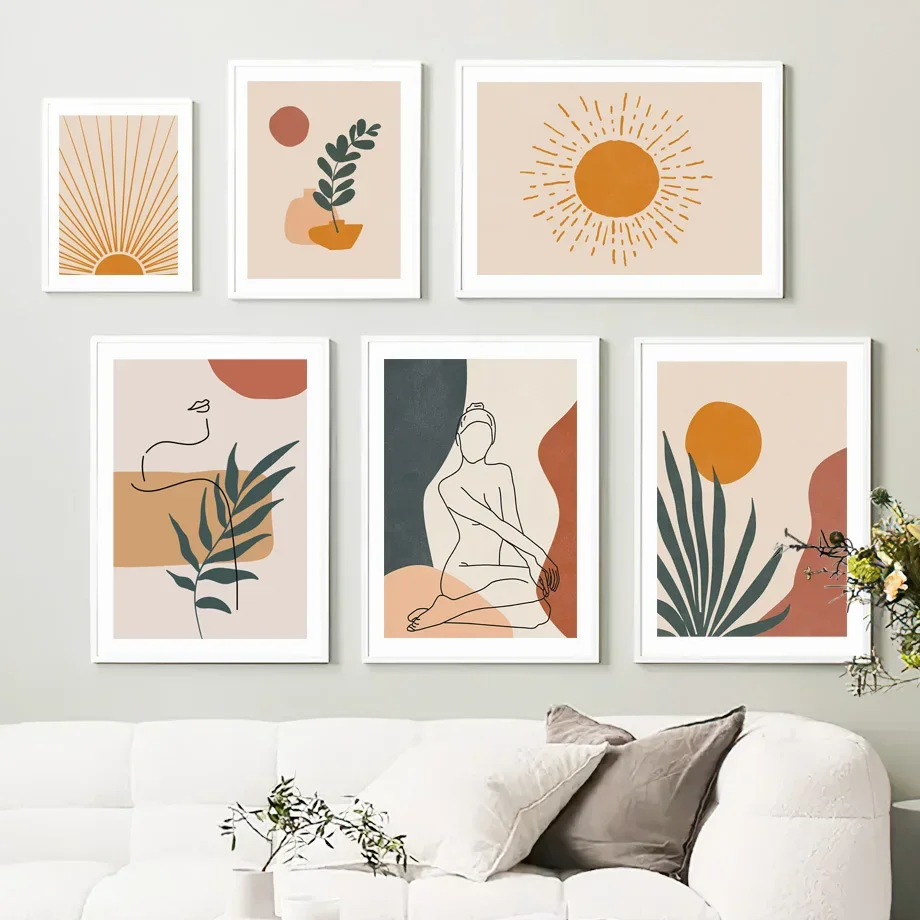 

Vintage Abstract Botanical Sun Moon Girl Lines Boho Posters And Prints Wall Art Canvas Painting Pictures For Living Room Decor