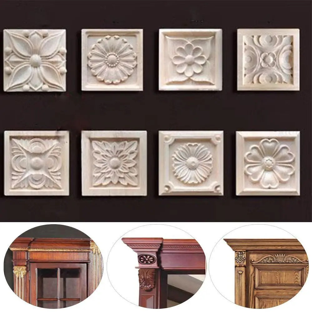 

Vintage Flower Wood Carving Natural Wood Appliques for Furniture Cabinet Foot Legs Unpainted Wooden Mouldings Home Decor Craft