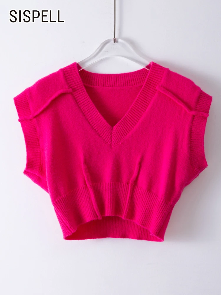 

SISPELL Knitting Crop Tops For Women V Neck Sleeveless Gathered Waist Minimalist Solid T Shirts Female Spring 2023 Clothing New