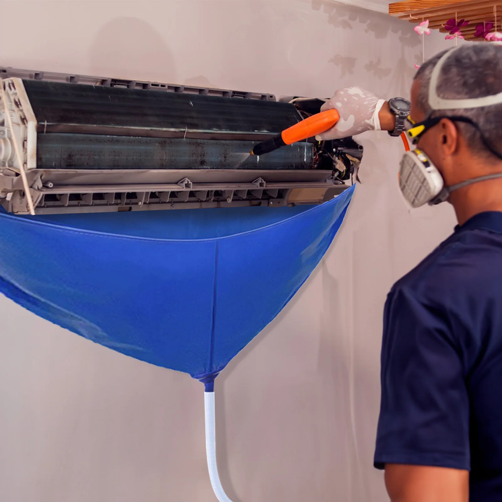 Air Conditioning Cover Air Conditioner Cleaning Kit Air Conditioner Cleaning Cover Reusable Funnel Shape Split AC Cleaning Bag With Water Pipe Wall Mounted Service Bag for AC Units