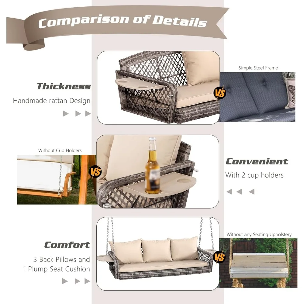 3-Seats Wicker Porch Swing Hanging Bench Chair Outdoor Gray Rattan Patio Swing Lounge with Cushions for Garden,  Balcony 3